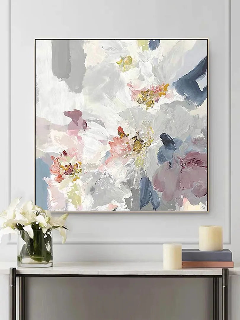 Modern Abstract Oil Painting on Canvas, Pink Flower Wall Art, Hand Painted, No Frame, Gold Foil Texture, Living Room, Home Decor