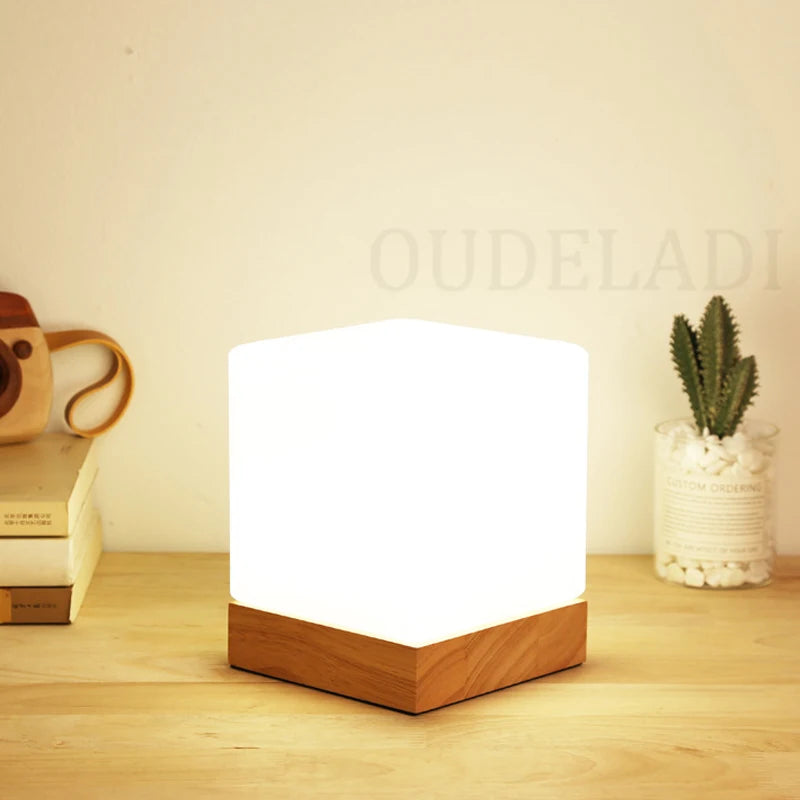 OUDELADI bedroom table lamp solid wood glass night light warm E27 living room desk bedside lamp creative simplicity