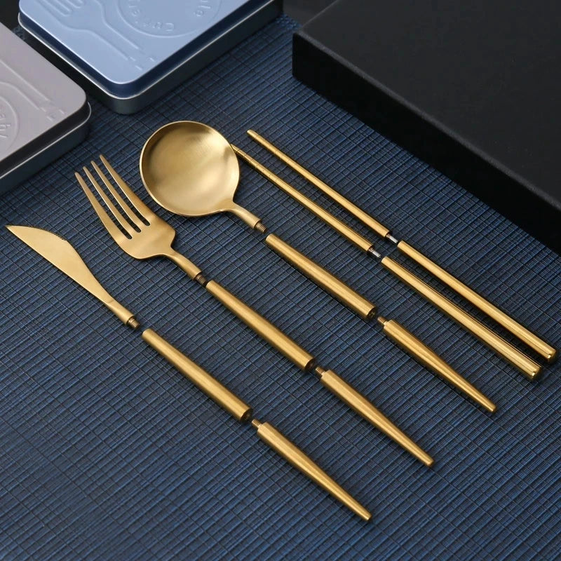 Portable Cutlery Set 304 Stainless Steel Removable Camping Tableware Chopsticks Knife Fork Spoon Folding Cutlery Set With Box