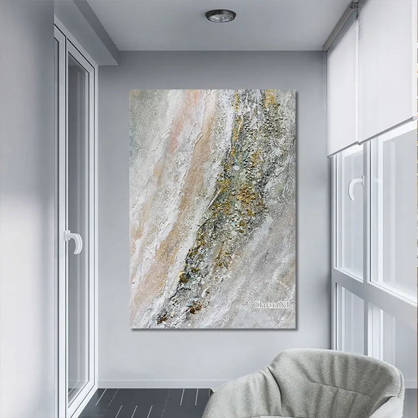 Frameless Handmade Abstract Artwork, Wall Picture, Oil Painting on Canvas, Sleeping Room Decor Accessories, Golden Coastline