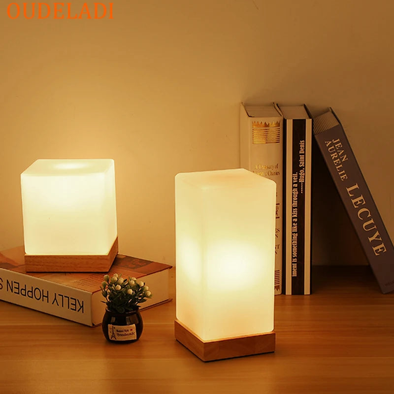 Modern glass bedroom table lamp solid wood glass night light warm E27 living room desk bedside lamp creative simplicity