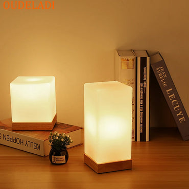 Modern glass bedroom table lamp solid wood glass night light warm E27 living room desk bedside lamp creative simplicity