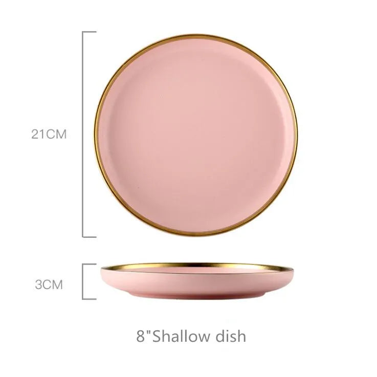 Gilt Rim Pink Porcelain Dinner Plate Set Kitchen Plate Ceramic Tableware Food Dishes Rice Salad Noodles Bowl Mug Cutlery Set 1pc