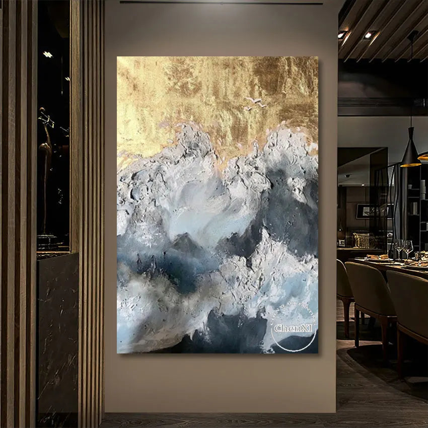 Latest Arrival Gold Foil Abstract Sea Wave Oil Painting On Canvas Wedding Wall Gloden Foil Decoration Accessories Unframed