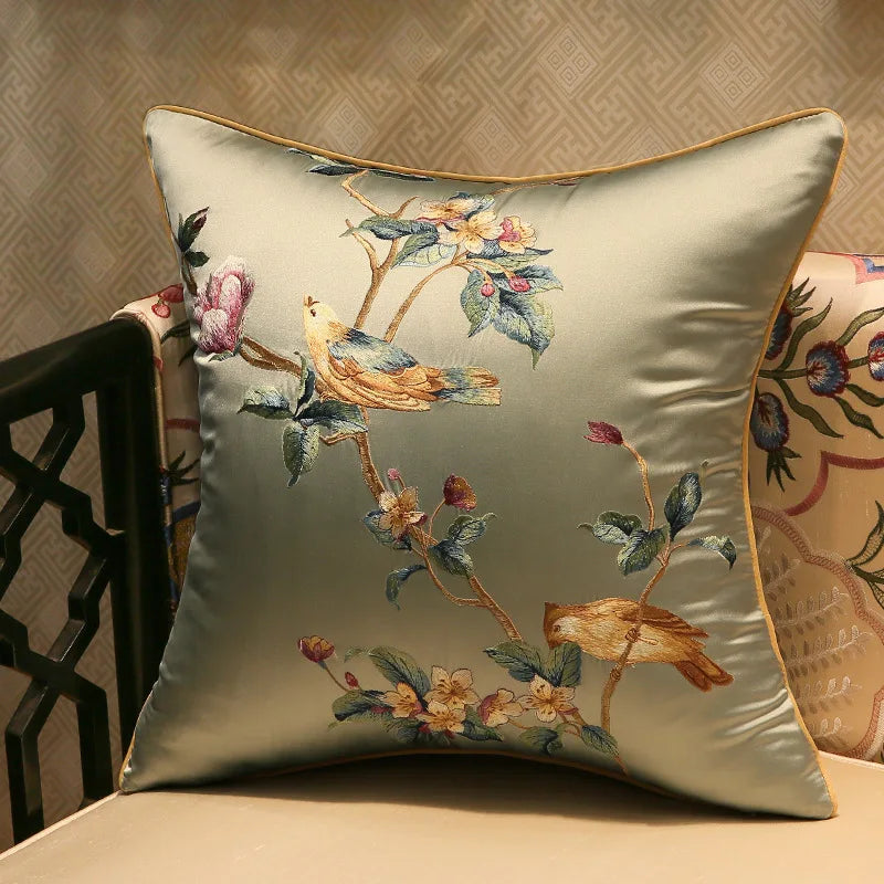 Chinese Style Rose Pattern Silk Cushion Cover Chinese Style Coffee Lack Blue Pillowcases Luxury Birds Flowers Pillow Cover