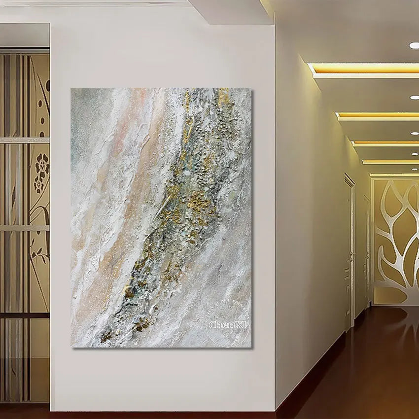 Frameless Handmade Abstract Artwork, Wall Picture, Oil Painting on Canvas, Sleeping Room Decor Accessories, Golden Coastline