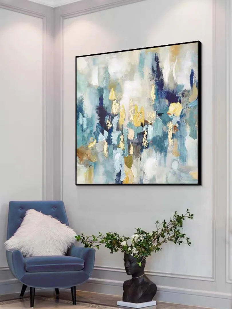 Modern Abstract Oil Painting on Canvas, Pink Flower Wall Art, Hand Painted, No Frame, Gold Foil Texture, Living Room, Home Decor