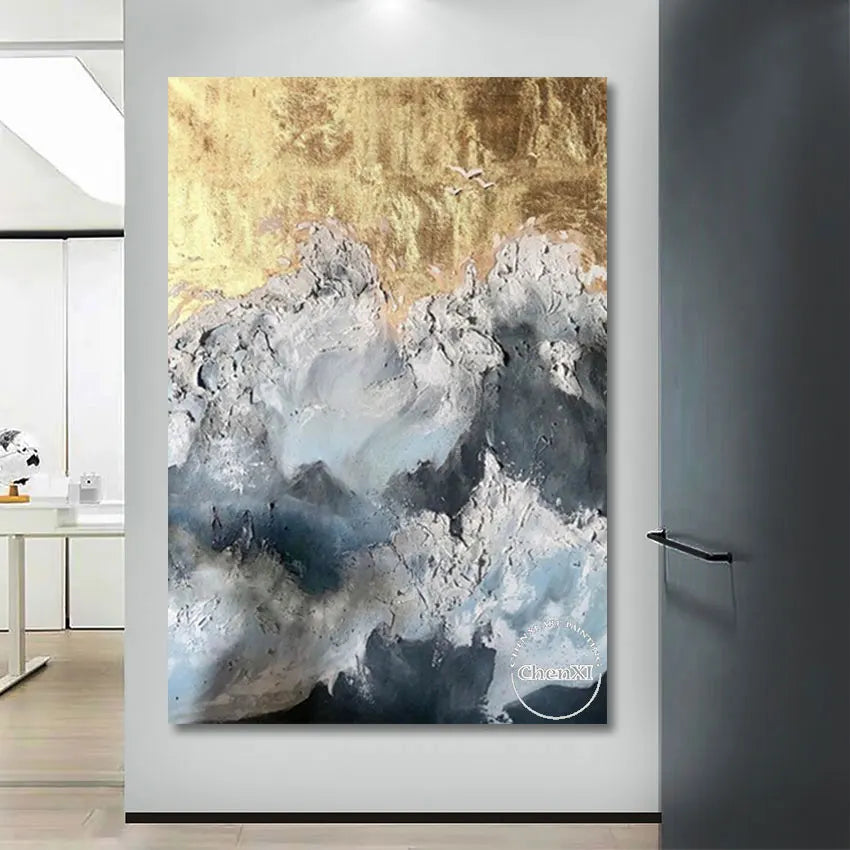 Latest Arrival Gold Foil Abstract Sea Wave Oil Painting On Canvas Wedding Wall Gloden Foil Decoration Accessories Unframed