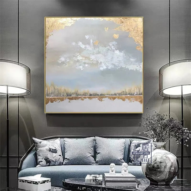 Modern Abstract Oil Painting on Canvas, Pink Flower Wall Art, Hand Painted, No Frame, Gold Foil Texture, Living Room, Home Decor