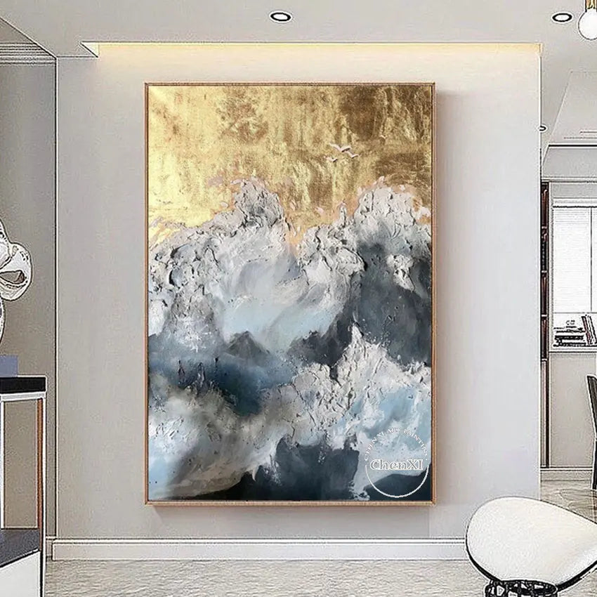 Latest Arrival Gold Foil Abstract Sea Wave Oil Painting On Canvas Wedding Wall Gloden Foil Decoration Accessories Unframed