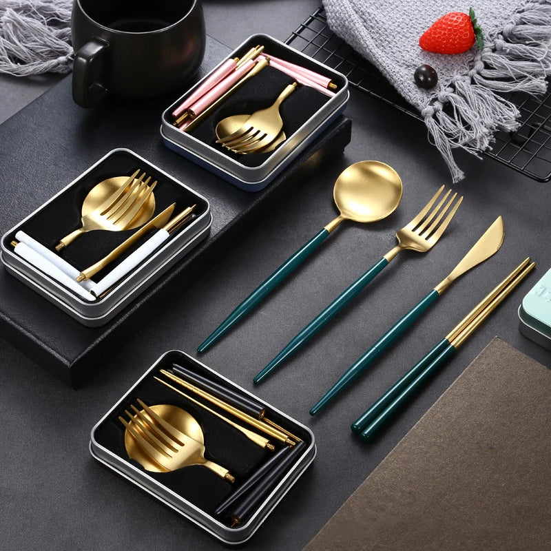 Portable Cutlery Set 304 Stainless Steel Removable Camping Tableware Chopsticks Knife Fork Spoon Folding Cutlery Set With Box