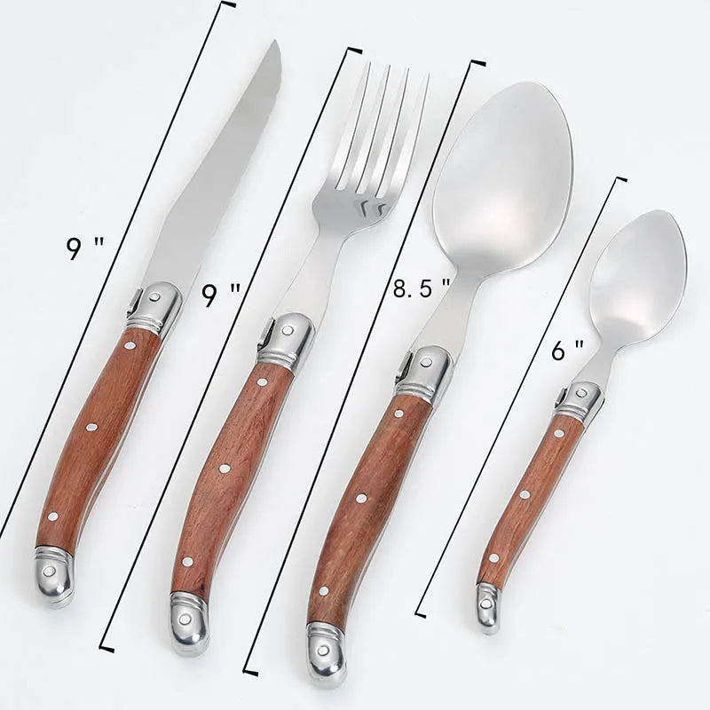 24pcs Laguiole Tableware set Wood Handle Korean Dinnerware Stainless steel 6 Steak Knives 6 Forks 6 Spoon 6 Teaspoon Cutlery