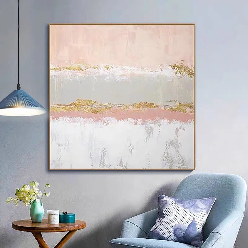 Modern Abstract Oil Painting on Canvas, Pink Flower Wall Art, Hand Painted, No Frame, Gold Foil Texture, Living Room, Home Decor