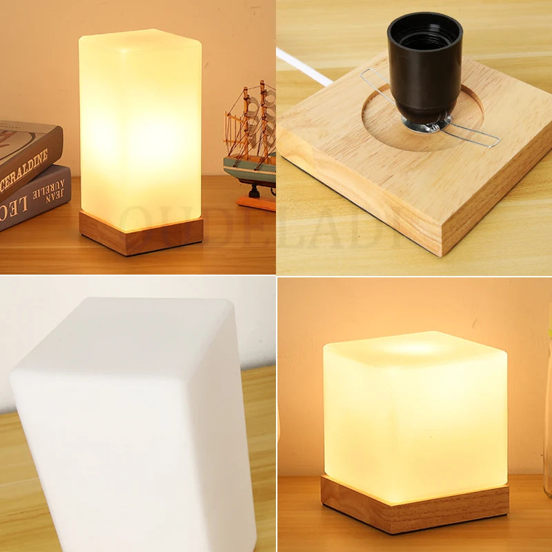 Modern glass bedroom table lamp solid wood glass night light warm E27 living room desk bedside lamp creative simplicity