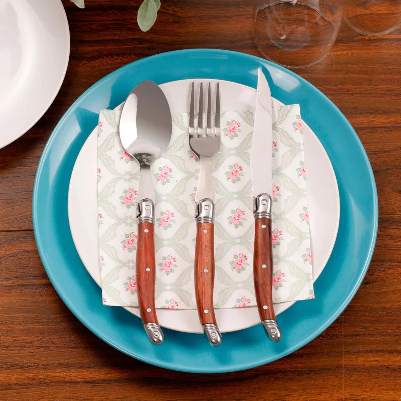 24pcs Laguiole Tableware set Wood Handle Korean Dinnerware Stainless steel 6 Steak Knives 6 Forks 6 Spoon 6 Teaspoon Cutlery
