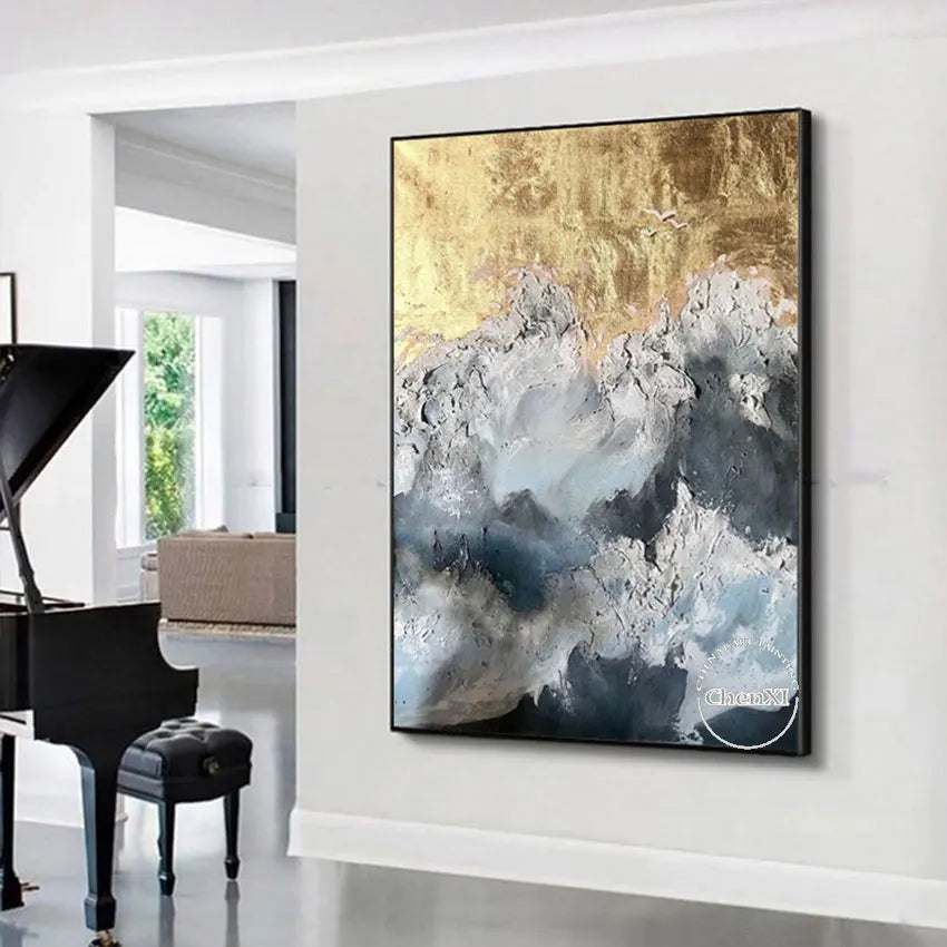 Latest Arrival Gold Foil Abstract Sea Wave Oil Painting On Canvas Wedding Wall Gloden Foil Decoration Accessories Unframed