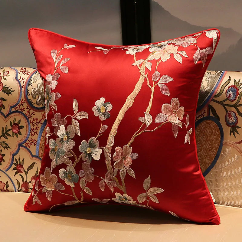 Chinese Style Rose Pattern Silk Cushion Cover Chinese Style Coffee Lack Blue Pillowcases Luxury Birds Flowers Pillow Cover