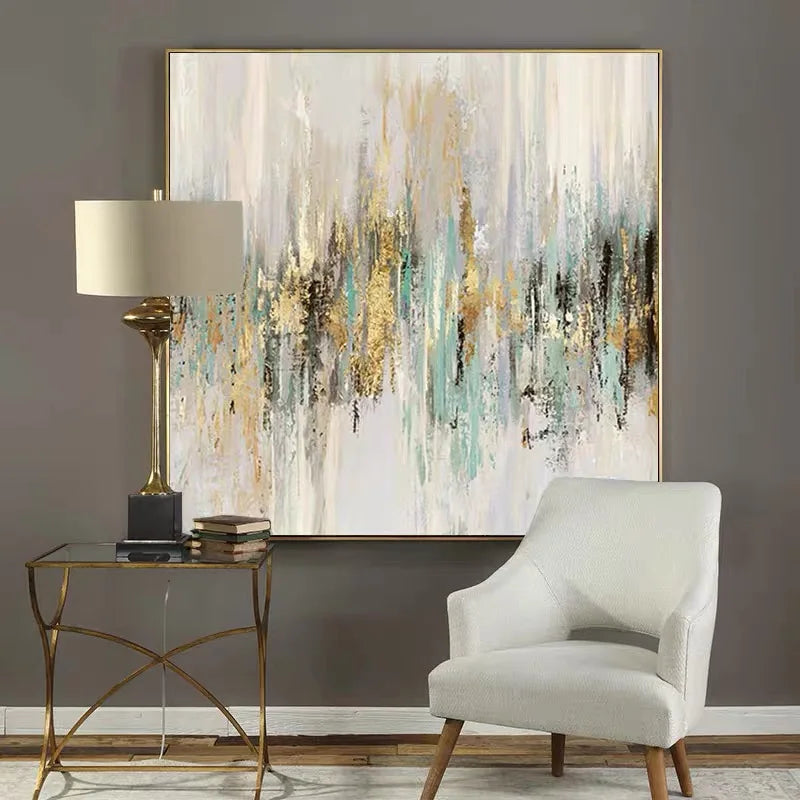 Modern Abstract Oil Painting on Canvas, Pink Flower Wall Art, Hand Painted, No Frame, Gold Foil Texture, Living Room, Home Decor