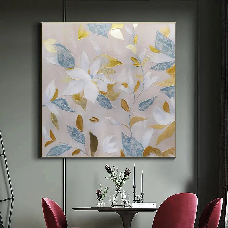 Gold Foil Texture Flower Wall Art Pic Hand Painted Modern Abstract Oil Painting On Canvas For Living Room Home Decor No Frame