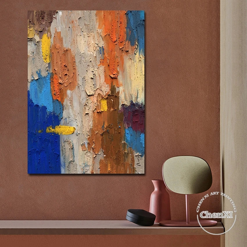 Colorful Painting Wall Picture for Restaurant Decor, Golden Foil, Oil Painting Canvas, Handmade Painted Artwork, Home Decor