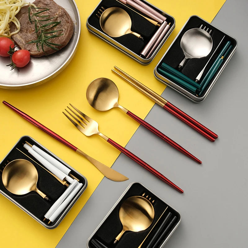 Portable Cutlery Set 304 Stainless Steel Removable Camping Tableware Chopsticks Knife Fork Spoon Folding Cutlery Set With Box