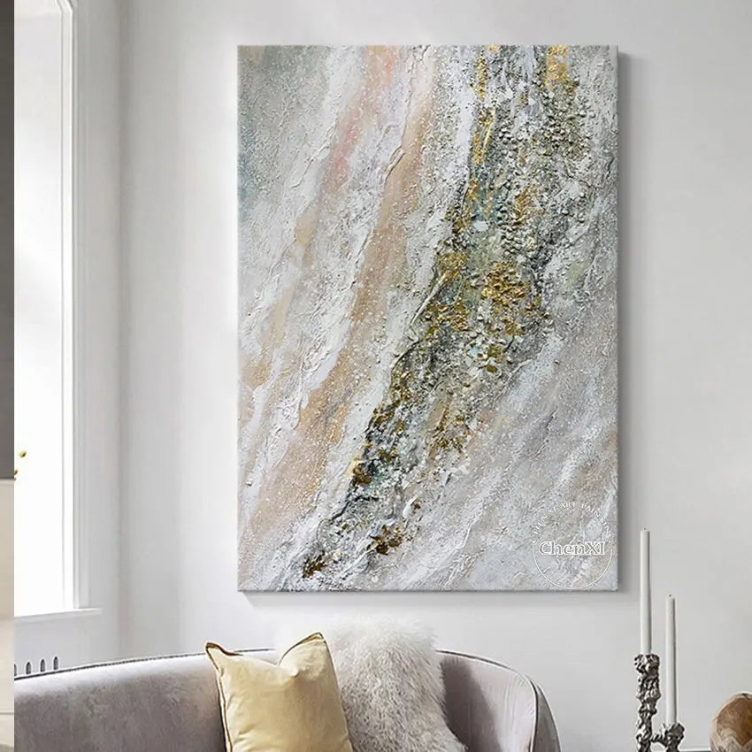Frameless Handmade Abstract Artwork, Wall Picture, Oil Painting on Canvas, Sleeping Room Decor Accessories, Golden Coastline