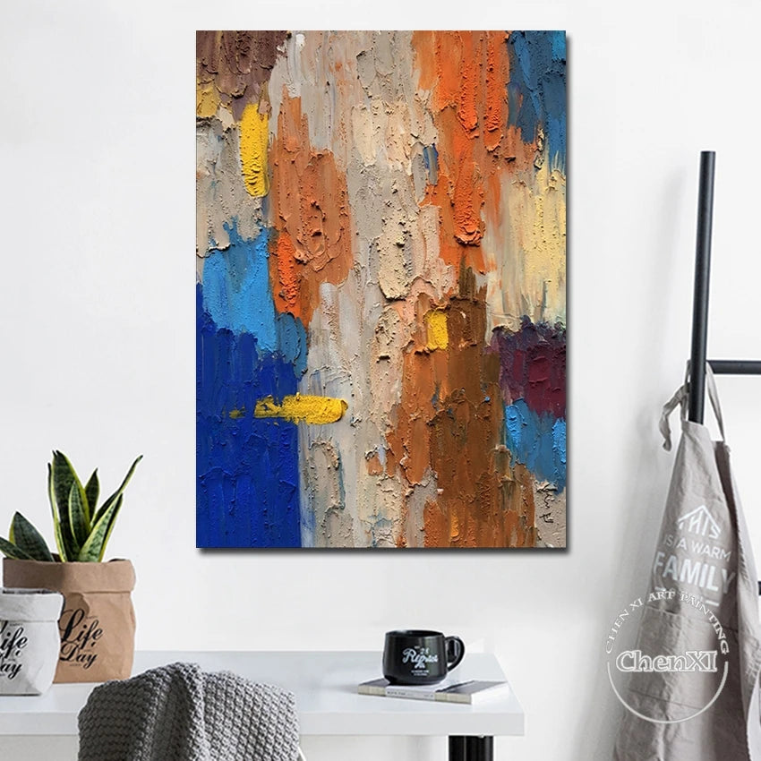 Colorful Painting Wall Picture for Restaurant Decor, Golden Foil, Oil Painting Canvas, Handmade Painted Artwork, Home Decor