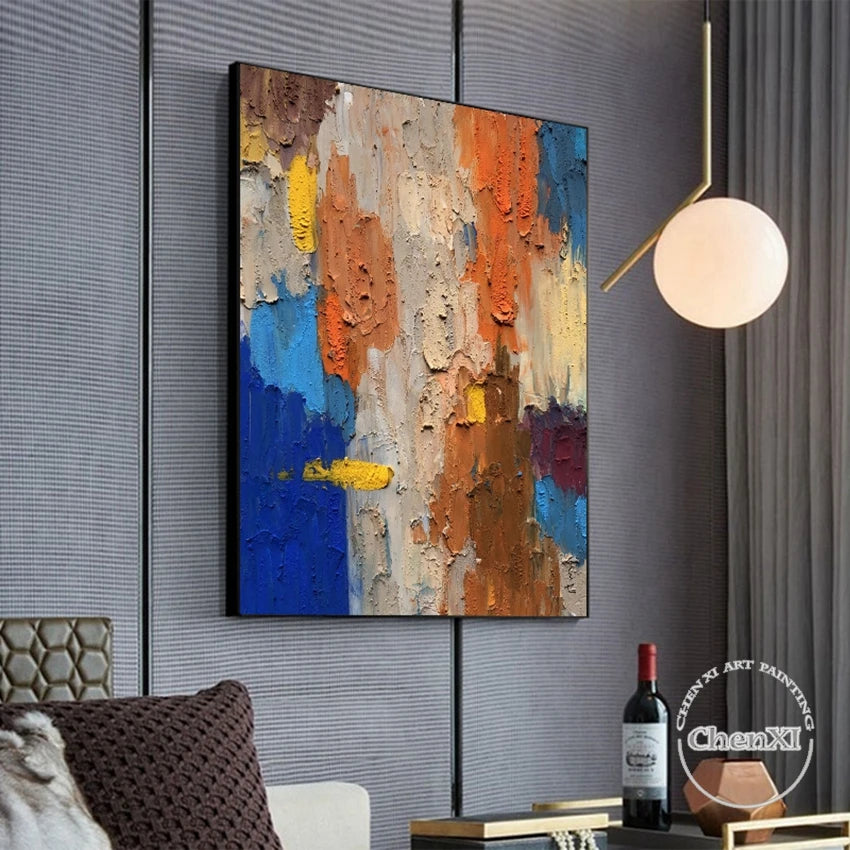 Colorful Painting Wall Picture for Restaurant Decor, Golden Foil, Oil Painting Canvas, Handmade Painted Artwork, Home Decor