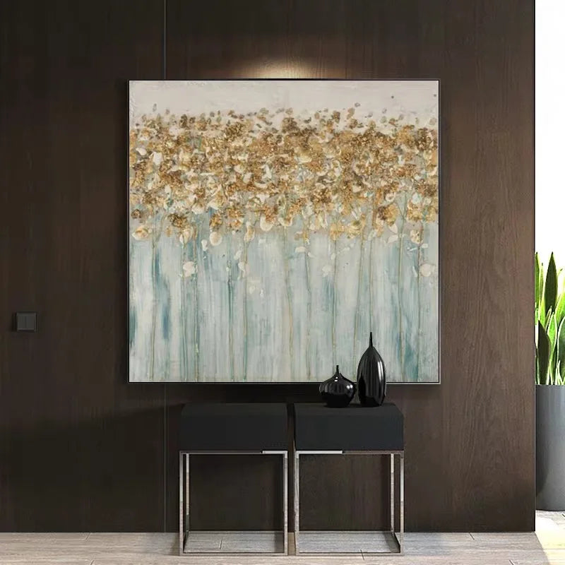 Modern Abstract Oil Painting on Canvas, Pink Flower Wall Art, Hand Painted, No Frame, Gold Foil Texture, Living Room, Home Decor