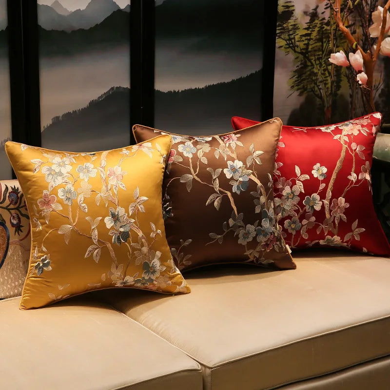 Chinese Style Rose Pattern Silk Cushion Cover Chinese Style Coffee Lack Blue Pillowcases Luxury Birds Flowers Pillow Cover