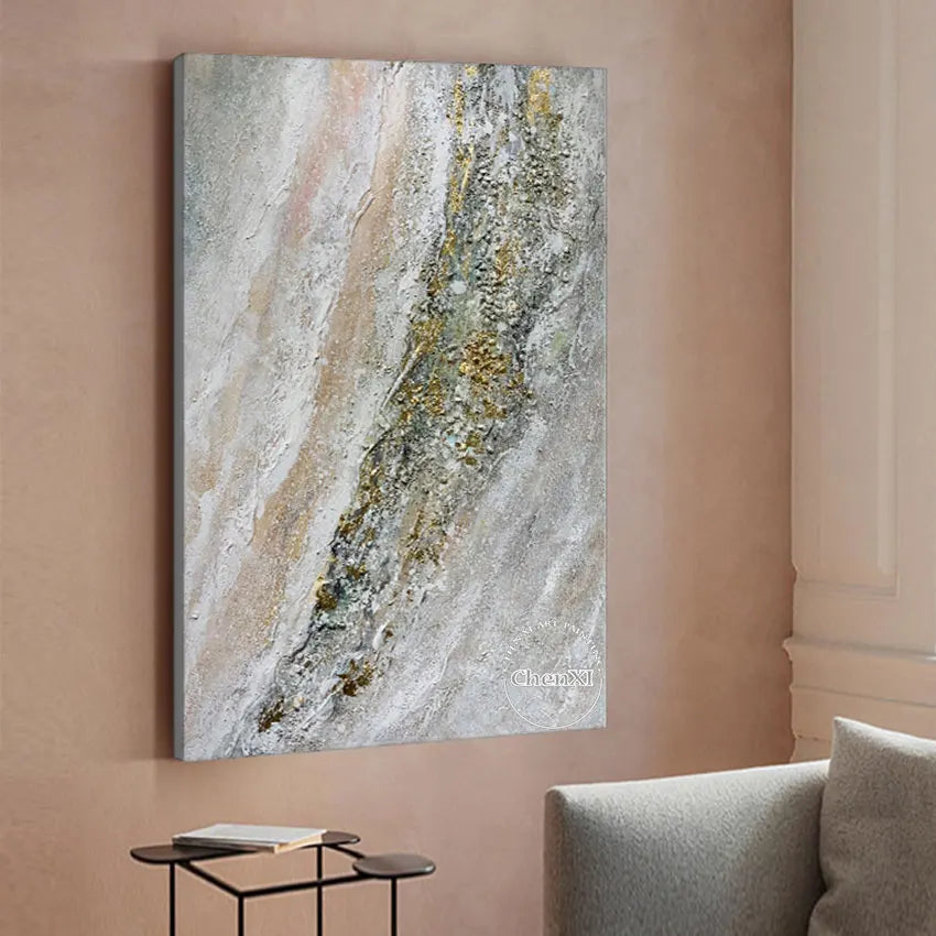 Frameless Handmade Abstract Artwork, Wall Picture, Oil Painting on Canvas, Sleeping Room Decor Accessories, Golden Coastline