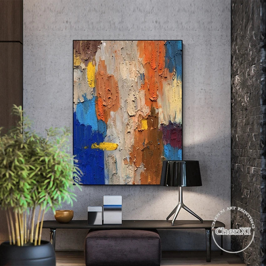 Colorful Painting Wall Picture for Restaurant Decor, Golden Foil, Oil Painting Canvas, Handmade Painted Artwork, Home Decor