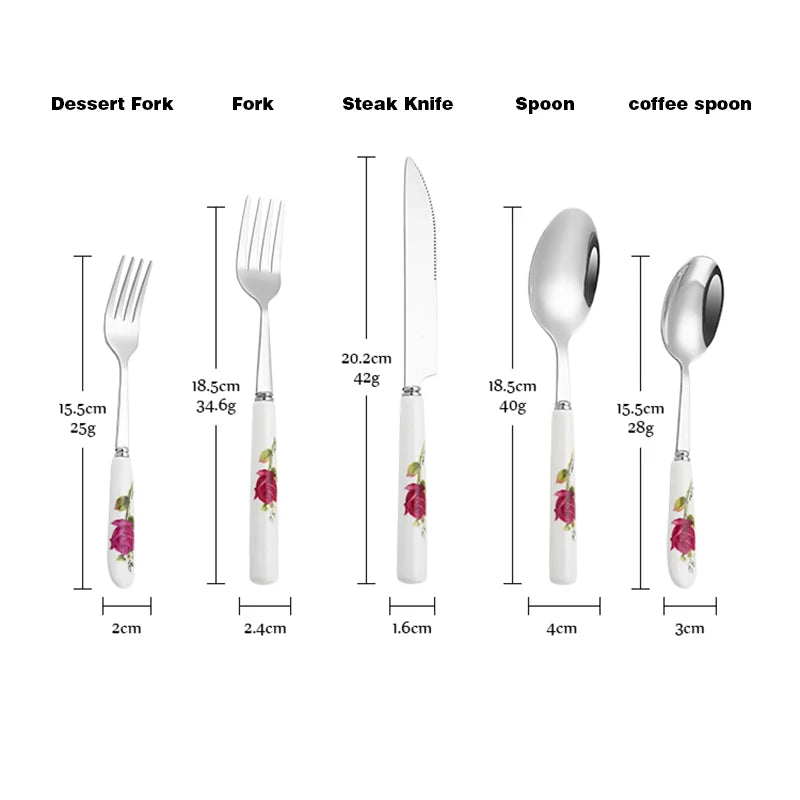 Ceramic Handle Tableware Set Stainless Steel Cutlery Set Steak Knife Fork Coffee Spoon Dessert Dinnerware Rose Flowers Pattern