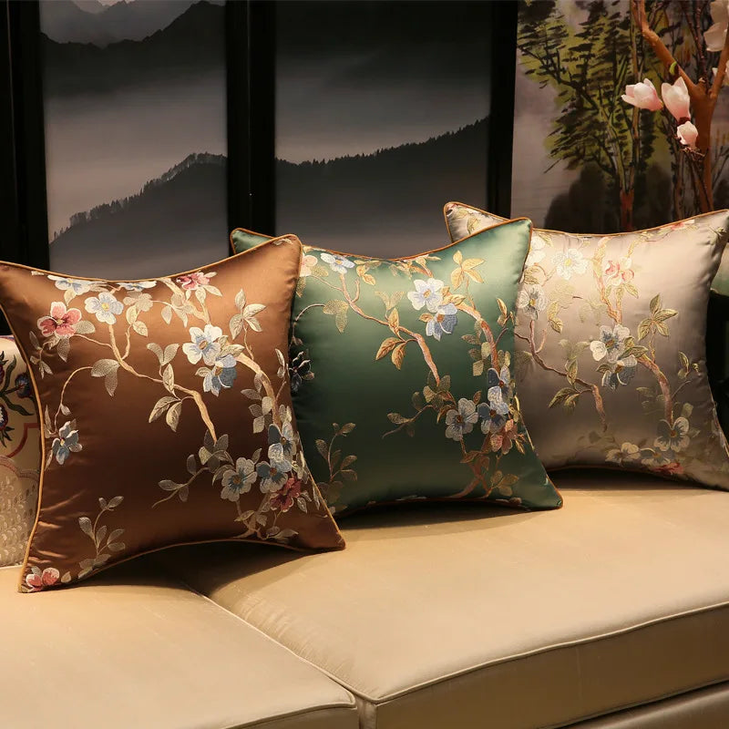 Chinese Style Rose Pattern Silk Cushion Cover Chinese Style Coffee Lack Blue Pillowcases Luxury Birds Flowers Pillow Cover