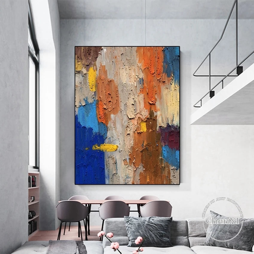 Colorful Painting Wall Picture for Restaurant Decor, Golden Foil, Oil Painting Canvas, Handmade Painted Artwork, Home Decor