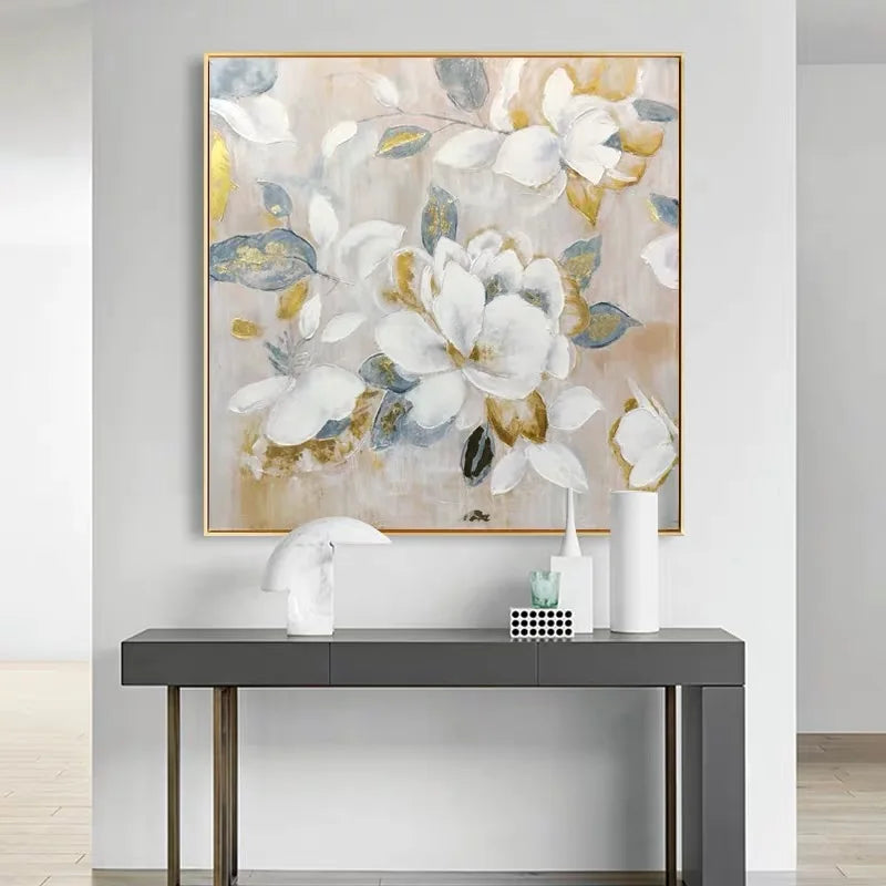 Gold Foil Texture Flower Wall Art Pic Hand Painted Modern Abstract Oil Painting On Canvas For Living Room Home Decor No Frame