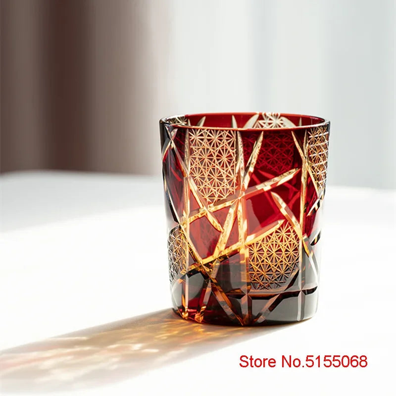 Japanese Royal Special Retro Wine Tumbler, Hand Cut, Flashing Lightning Design, Amber Whiskey Glass, High End Gift Box, Edo Kiri