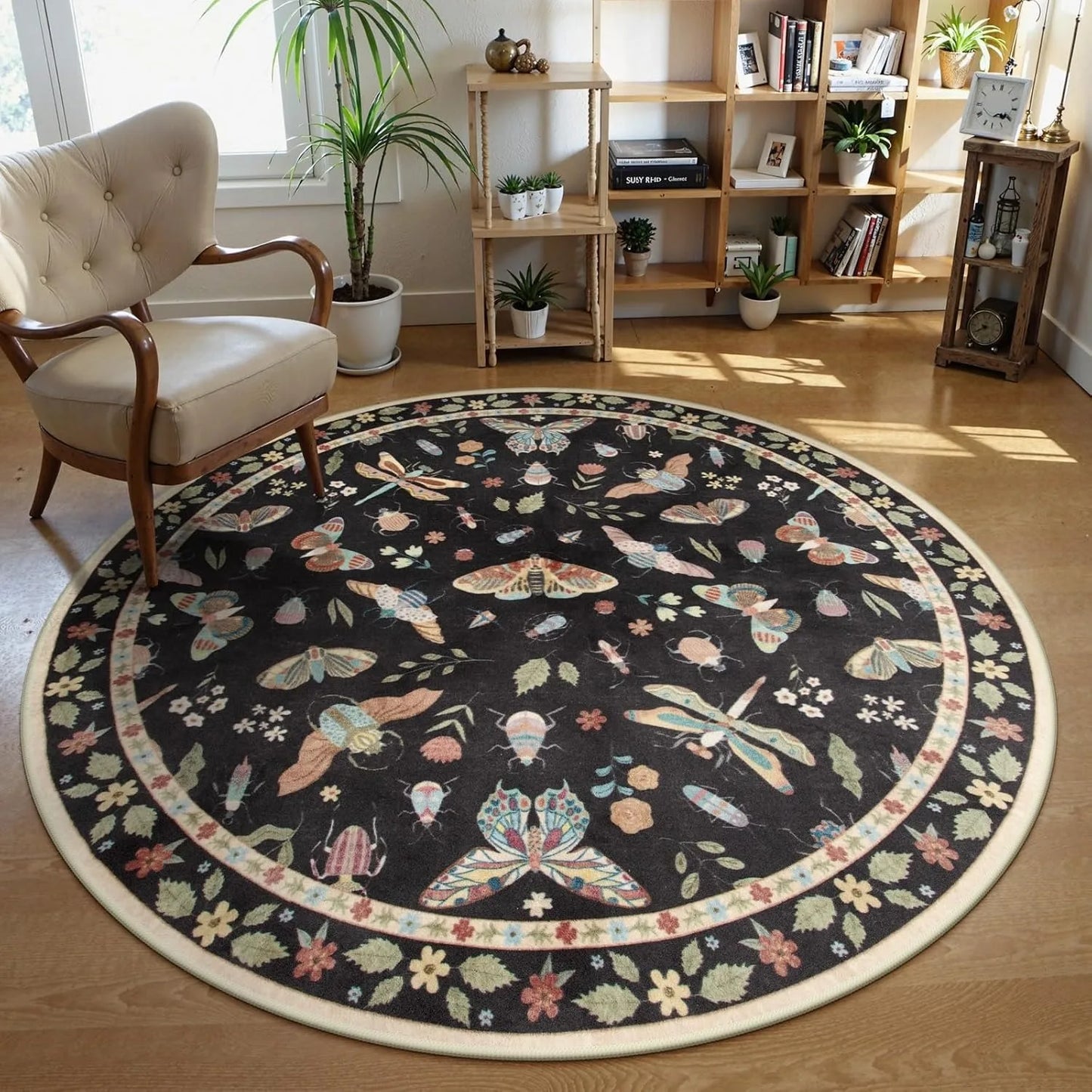 Round Living Room Carpet Green Insect Floral Carpets Home Decoration Rug for Bedroom Bedside Floor Mat Christmas Gifts 거실 카펫