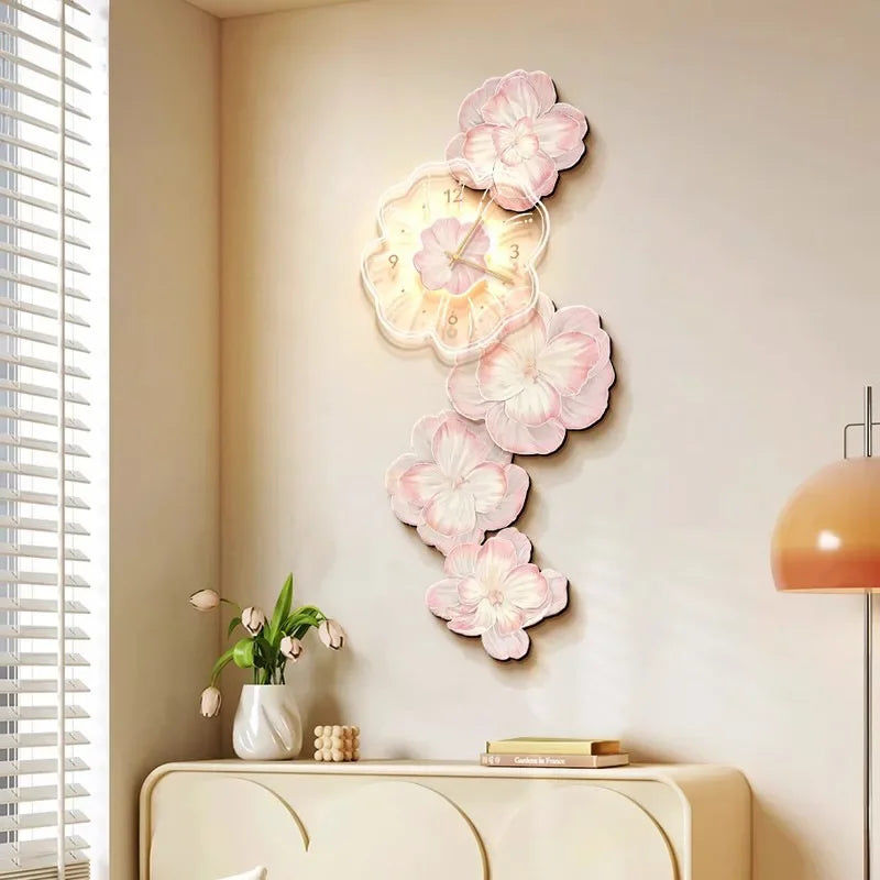 Pink Flower Light Luxury Wall Clock Creative Home Decor Painting for Living Room Wall Hanging Corridor Mural Clock Ornaments