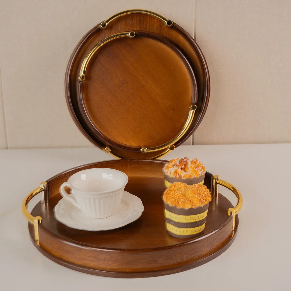 Light luxury and simple home kitchen round bamboo tray Home restaurant tea set small tray portable fruit snack tray