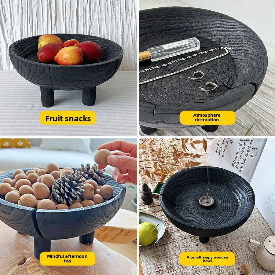 Wabi Sabi Charred Wood Tray Black Fruit Bowl Minimalist Display Platter for Hotel Rustic Storage Tray for Living Room Decoration