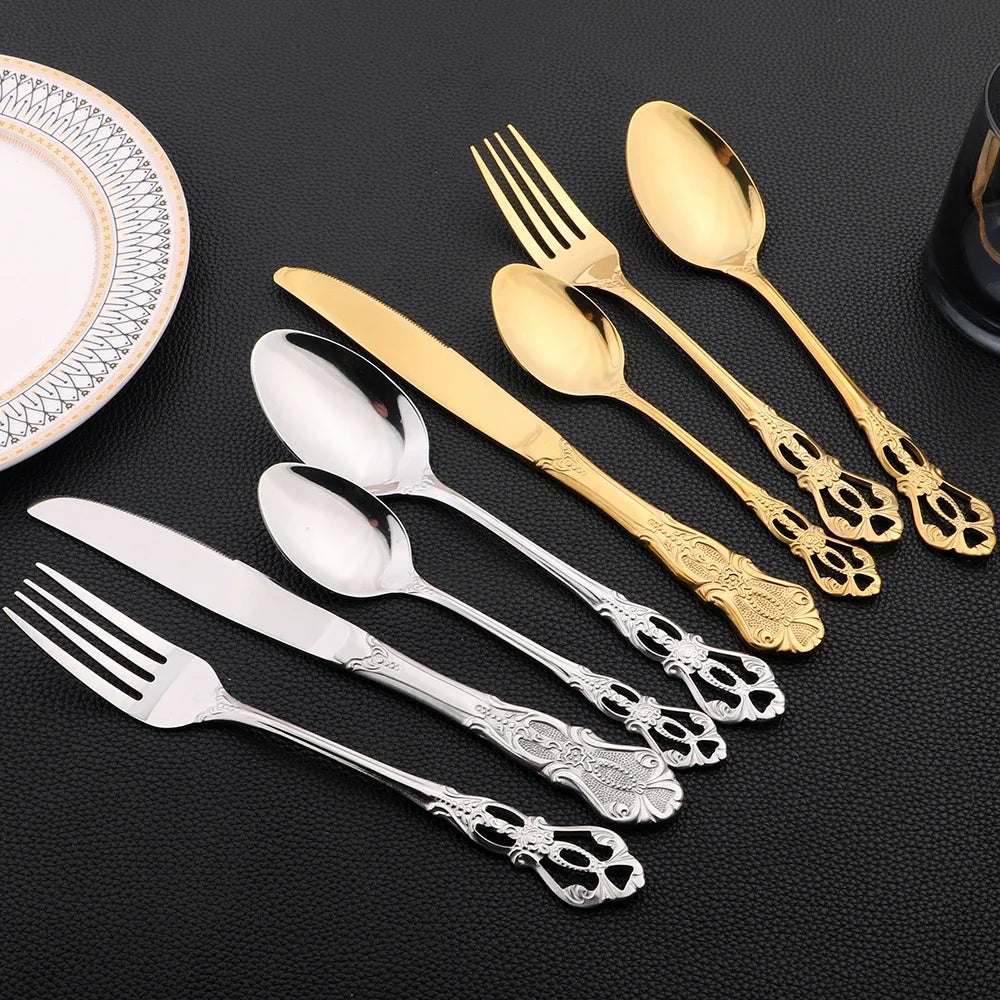 16Pcs Cutlery Sets Vintage Stainless Steel Tableware Dinner Knife Fork Dessert Spoon Dinnerware Set Kitchen Flatware