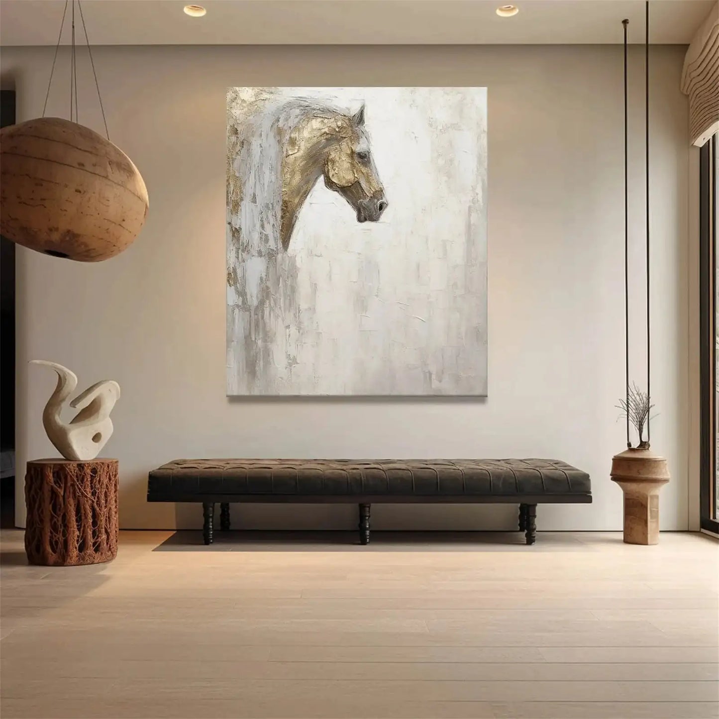 Gold Leaf Horse Picture Dafeng Village Painting 100% Handmade Abstract Oil Painting Canvas Wall Art For Home Decoration Unframed