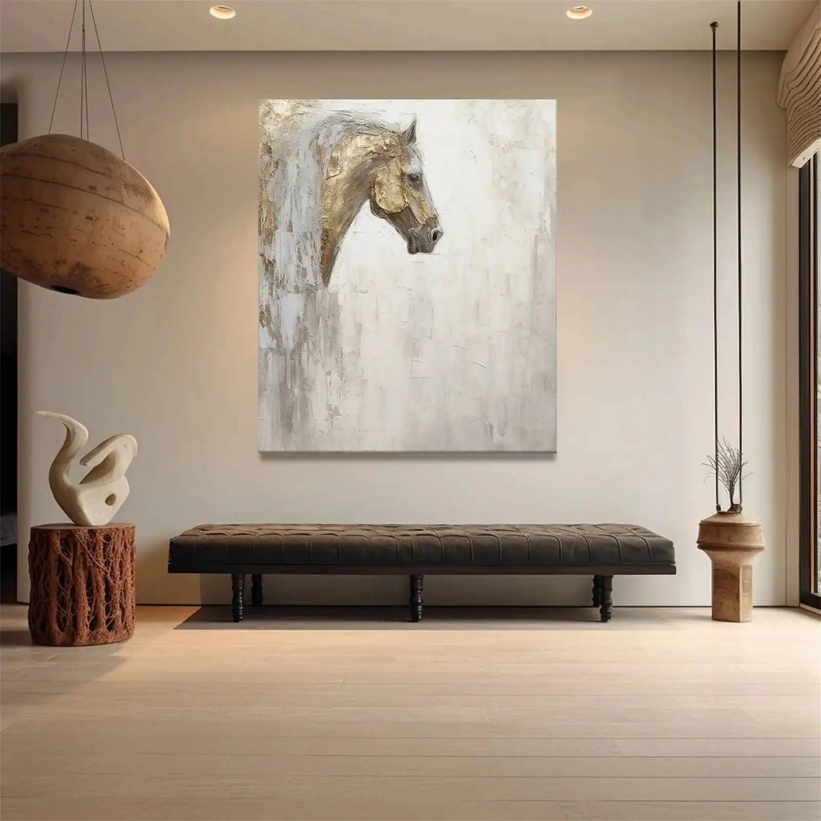 Gold Leaf Horse Picture Dafeng Village Painting 100% Handmade Abstract Oil Painting Canvas Wall Art For Home Decoration Unframed
