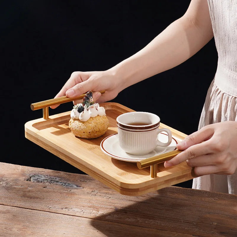 Wooden Tray with Golden Metal Handle for Water Cup Fruit Food Bread Sundries Serving Tray Household Organizer