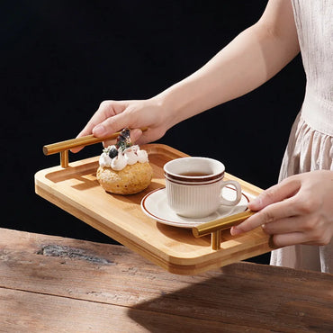 Wooden Tray with Golden Metal Handle for Water Cup Fruit Food Bread Sundries Serving Tray Household Organizer