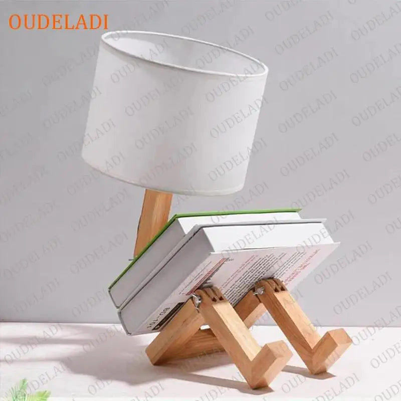 OUDELADI Robot Shape Wooden Table Lamp Modern Cloth Art Wood Desk Table Lamp Decor Luminaires Parlor Study Bedroom Night Light