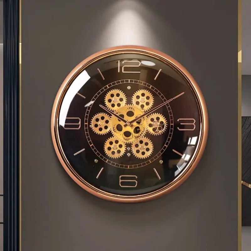 Luxury Round Silent Wall Clocks Creative Gear Rotate Big-numbers Living Room Wall Clock Metal Pointer Vintage Simple Home Decor