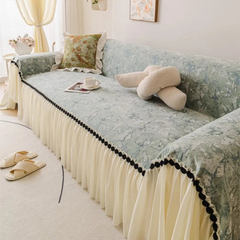Autumn Universal Chenille Sofa Cover French Ruffled Edge Creamy Mats Aesthetic Flower Printed Anti-Slip Patchwork Couch Cushion