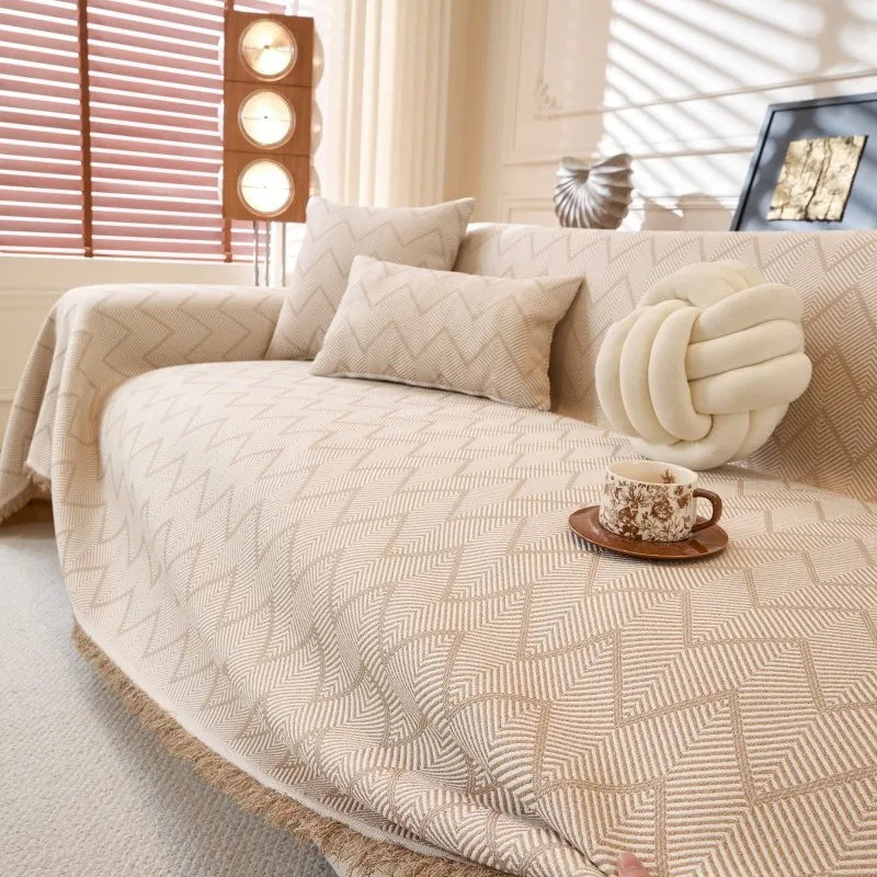 All-Season Universal Full Coverage Non-Slip Couch Imitation Llinen Solid Couch Camping Blanket Vintage Wave Pattern Sofa Cover